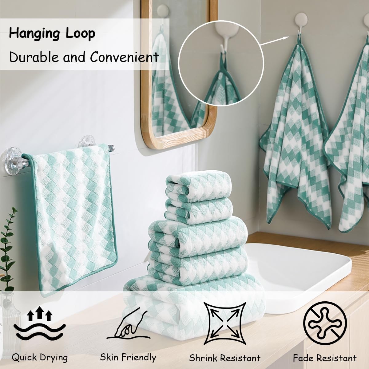12 Pcs Turquoise Diamond Towel Set-4 Bath Towels,4 Hand Towels,4 Washcloths Soft