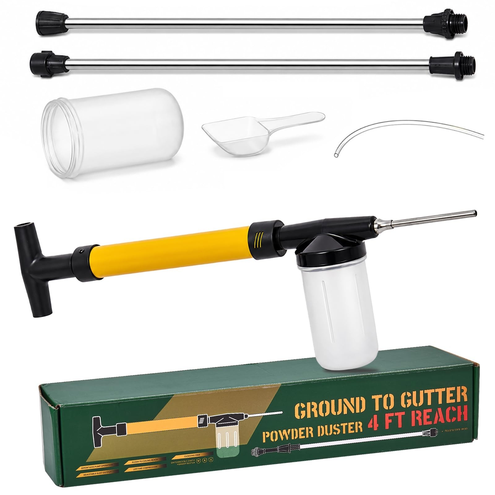 Diatomaceous Earth Powder Duster, Adjustable Long Reach Garden Dust Yellow
