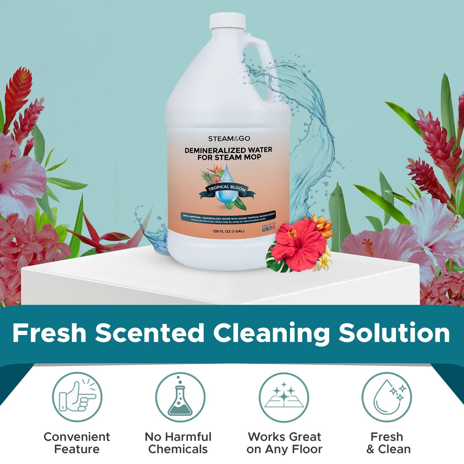 Steam & Go Demineralized Water for Steam Mop – Tropical Bloom Scent, 128 Fl O…