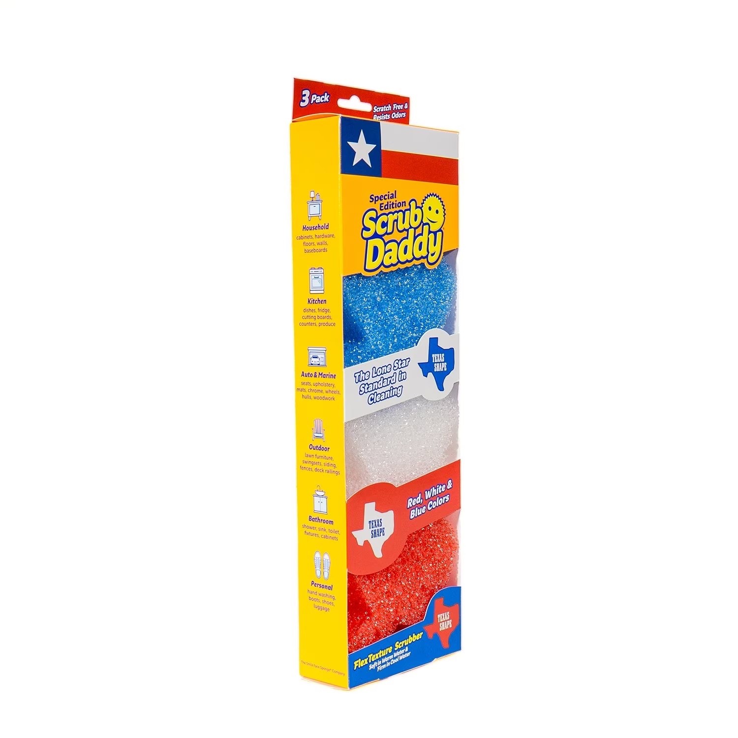 Scrub Daddy Special Texas Edition, Red, White & Blue Scrubbers, 3-Pack TX Shape
