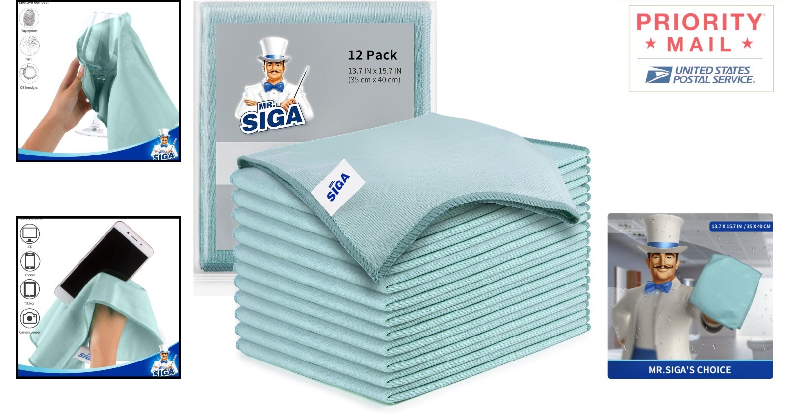 Microfiber Cleaning Cloths Lint Free 12 Pack Green 35 x 40 cm Perfect for Glass