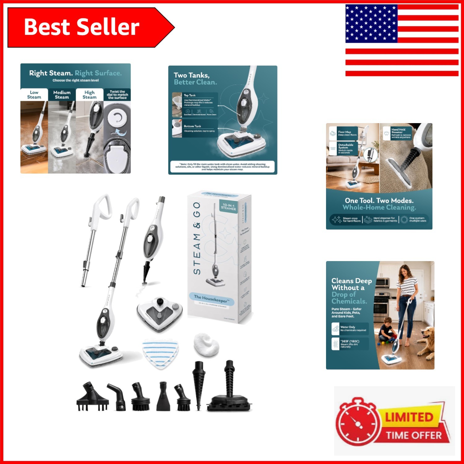 Versatile 10-in-1 Steam Mop with Detachable Handheld Cleaner – Pure Hygiene