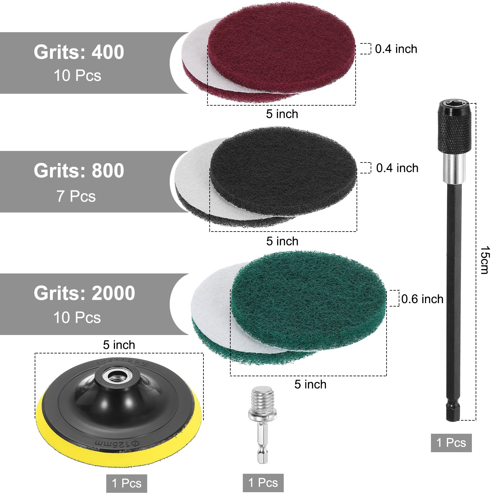 27 Pcs 5 Inch Hoop Scrubbing Pad 240/400/800 Grits Pads, Green/Red/Grey