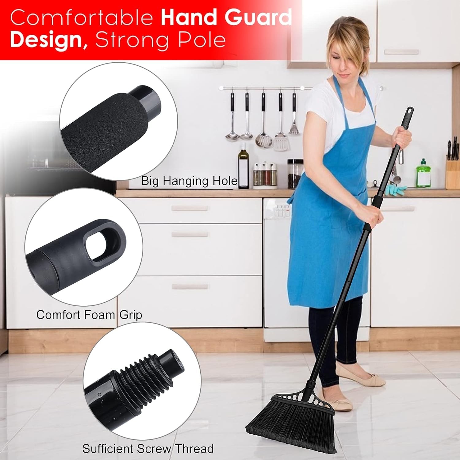 Tiumso Outdoor Broom for Floor Cleaning, Heavy Long Handle Broom, All Black