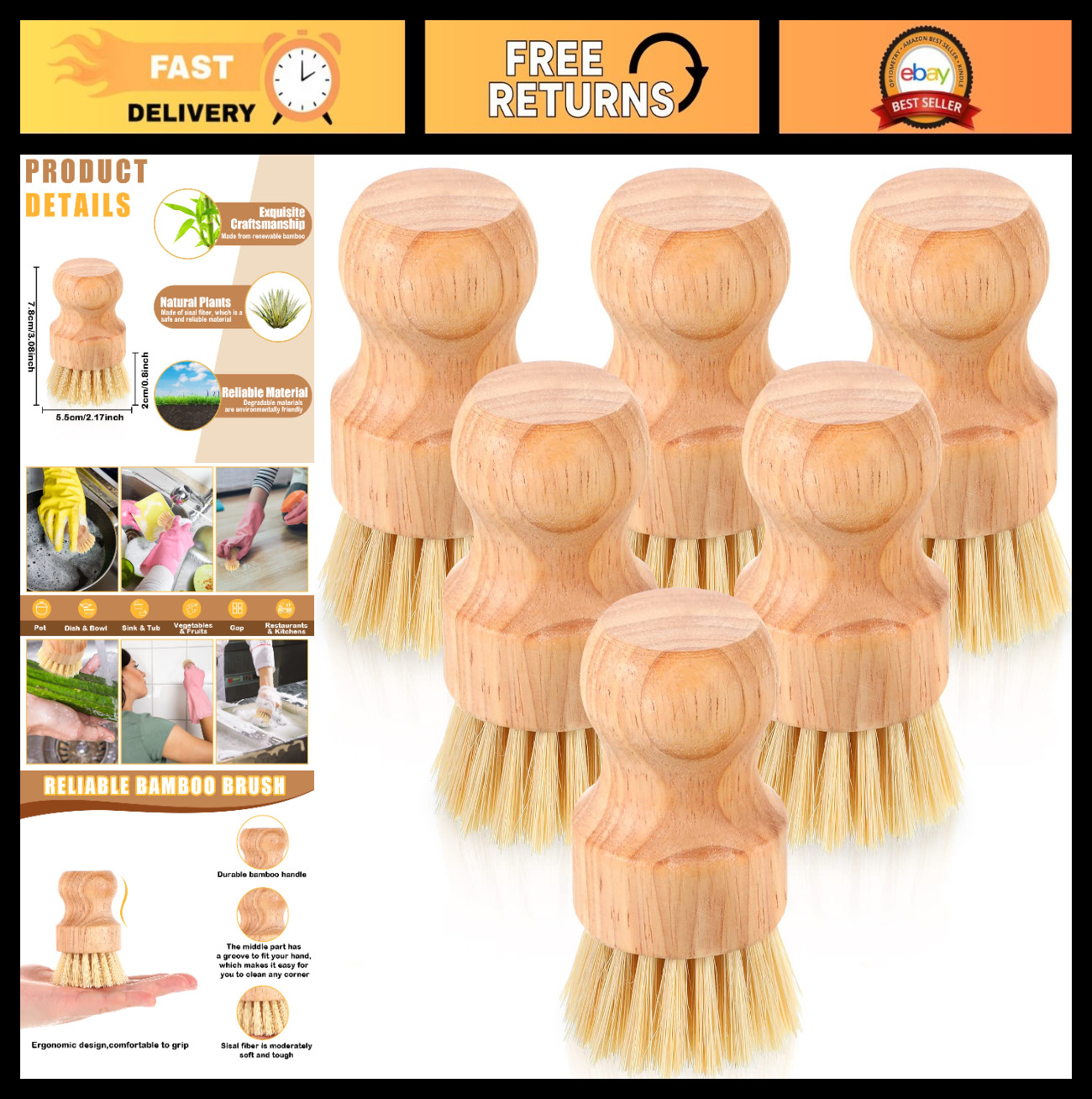 12 Pack Bamboo Dish Scrub Brushes – Natural Sisal Bristles for Kitchen Cleaning