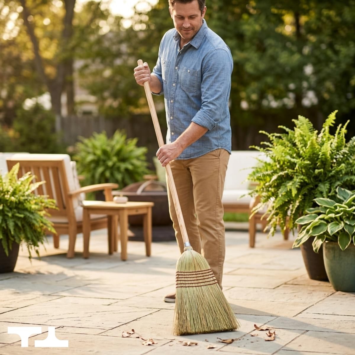 Corn Broom With Wood Handle Heavy Duty Indoor Outdoor Broom 1 1/4 Inch Handle
