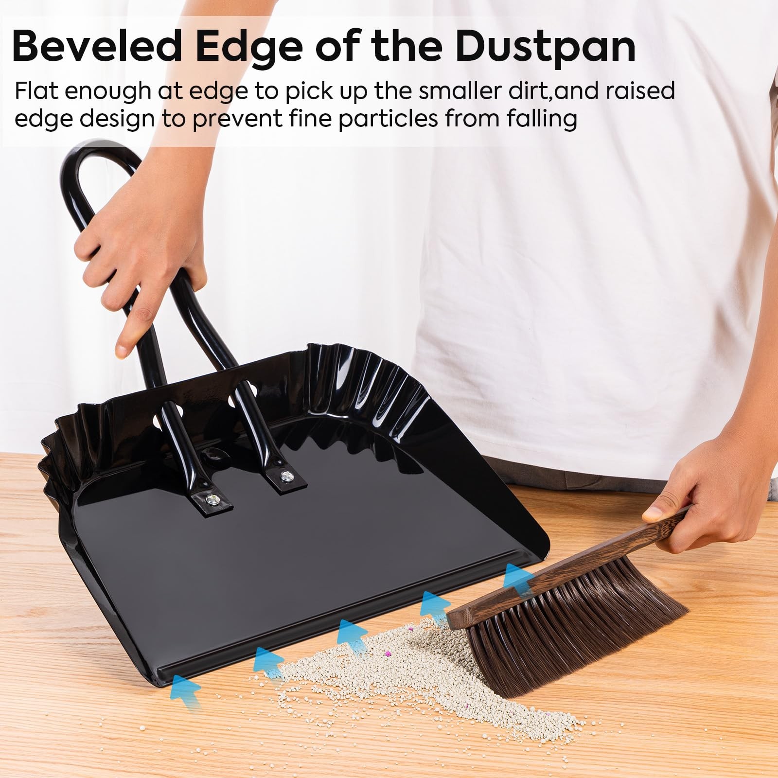 17In Metal Dust pan and Brush Set,Extra Large Handheld Dust Pan and Wood Broo…