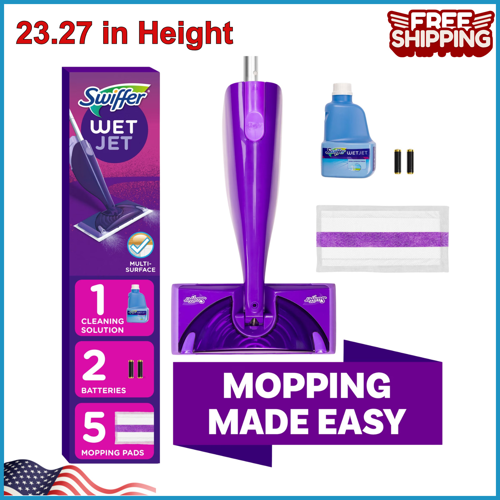 Swiffer Wet Jet with Refill, Unscented, 1 Handle + 1 Solution & 5 Pads + Battery