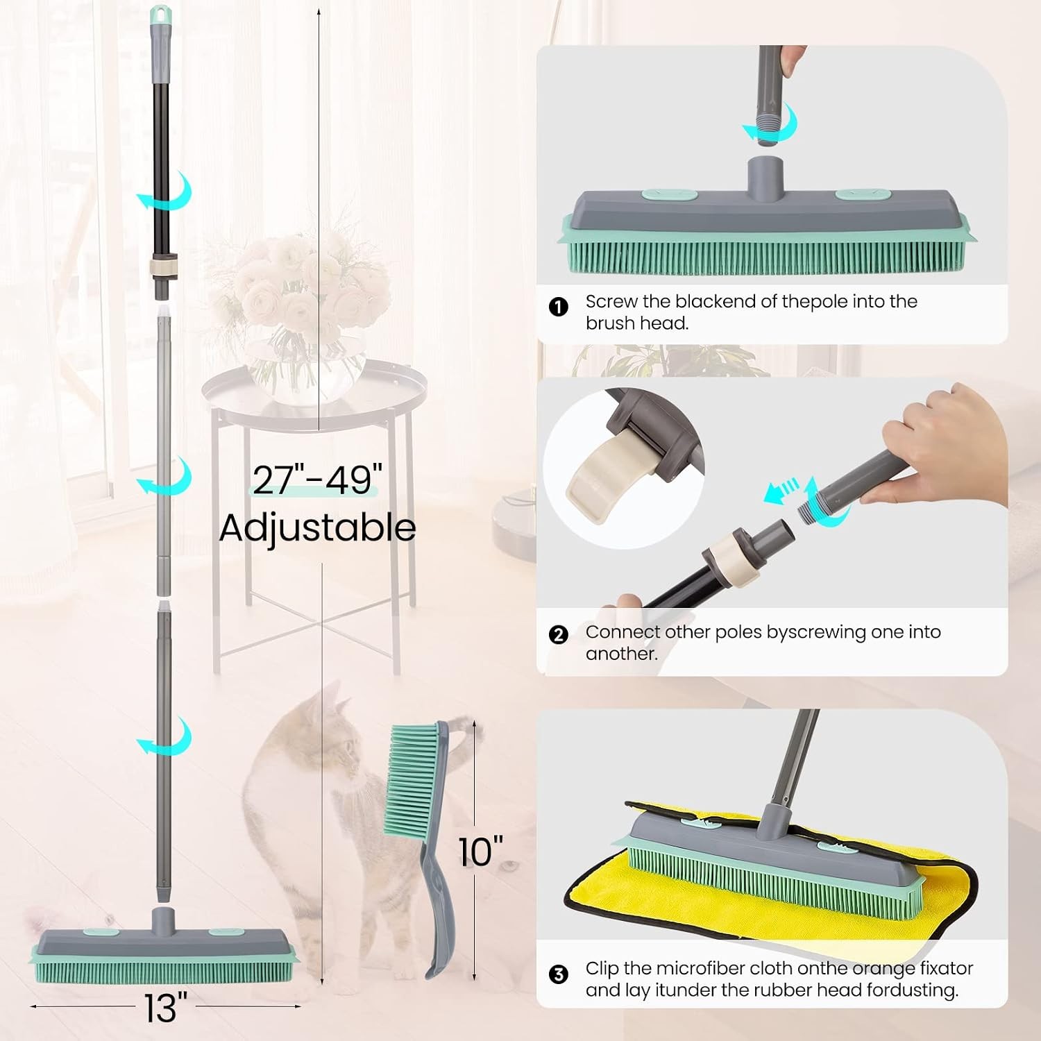 Rubber Broom Carpet Rake for Pet Hair, Fur Remover Broom with Squeegee, Portable