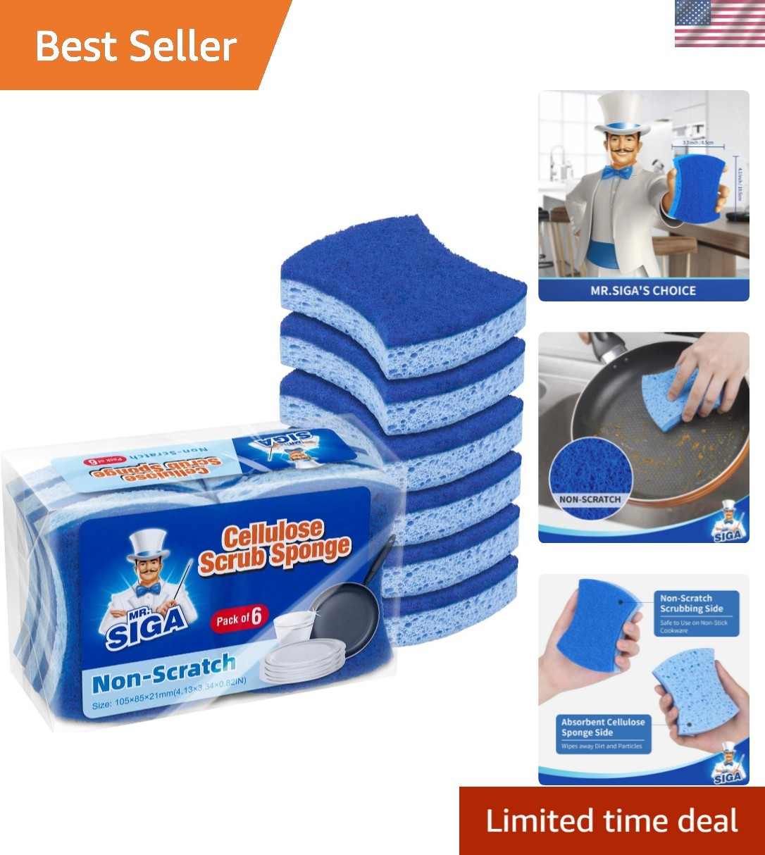 Non-Scratch Cellulose Scrub Sponge, Dual-Sided Dishwashing Sponge for Kitchen…