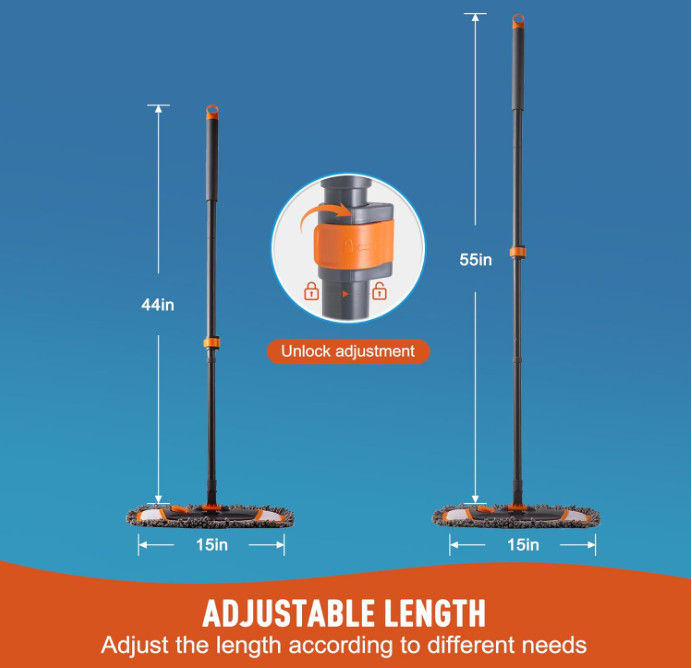 Mopa con mango extensible 55” y 3 paños lavables para suelos duros. Naranja