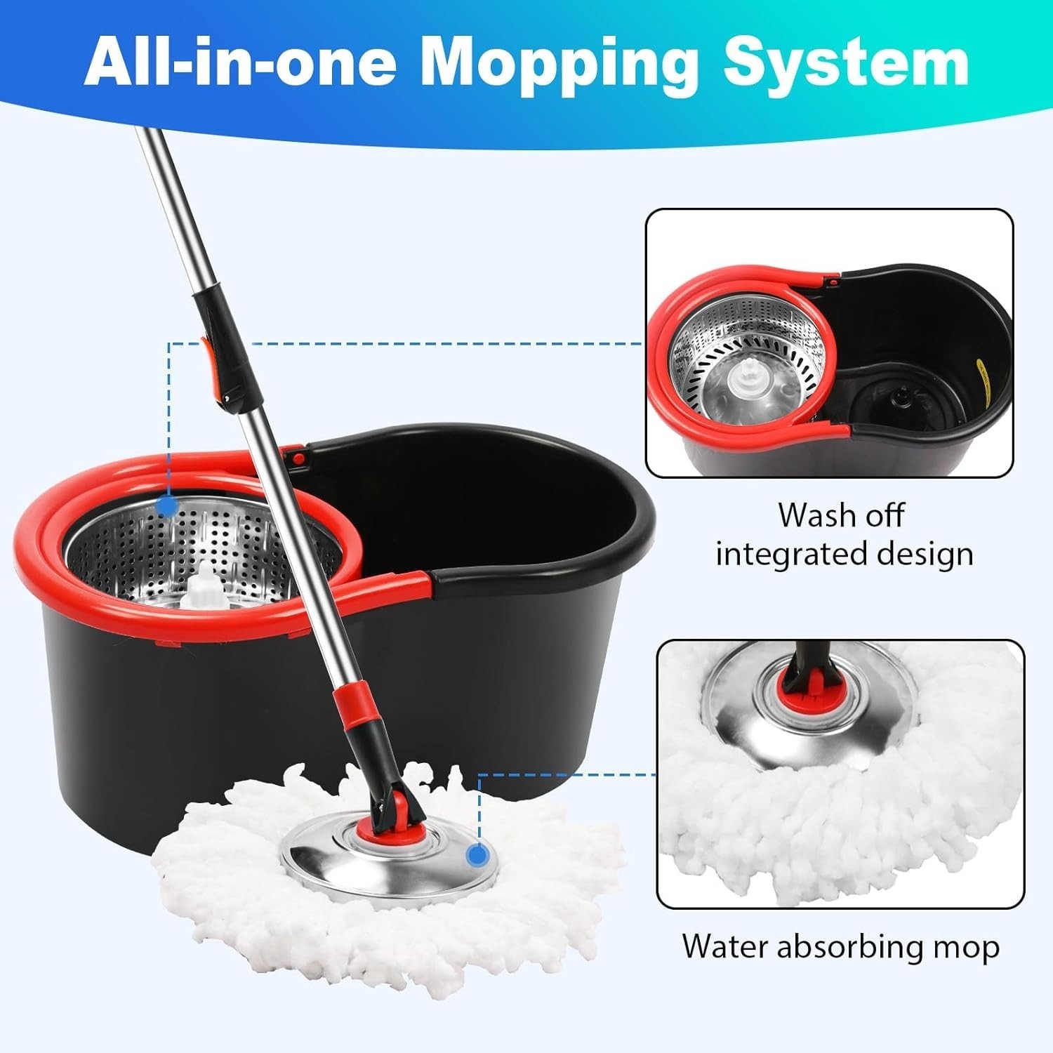 Spin Mop and Bucket with Wringer Set 360 Floor Cleaning 3 Microfiber Heads Black