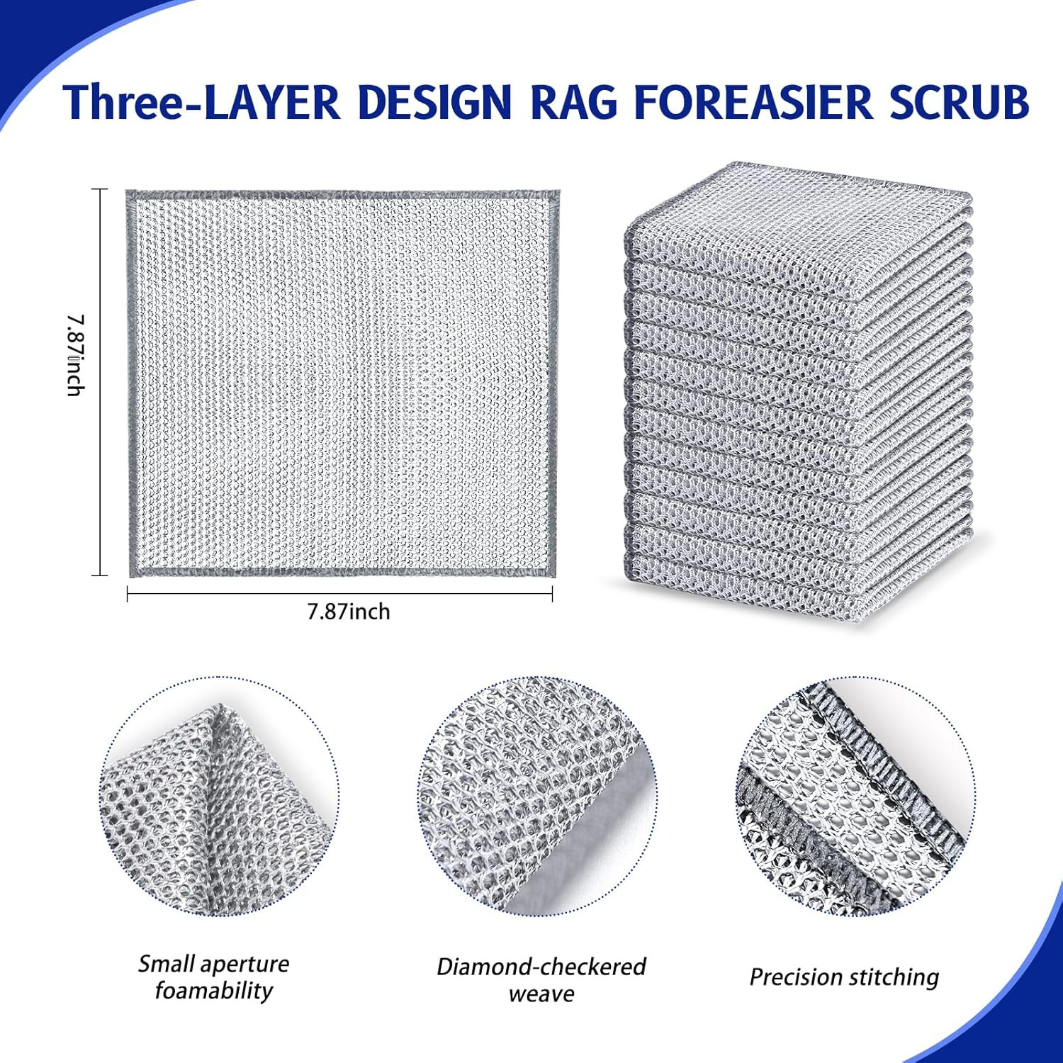 12 PCS 3-Layer Non-Scratch Wire Dishcloths, Reusable Quick-Dry Metal Dishwashing