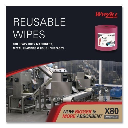 WypAll X80 Heavy Duty Cloths, Jumbo, Perforated,12.4×12.2, Red, 455 Wipers/Roll