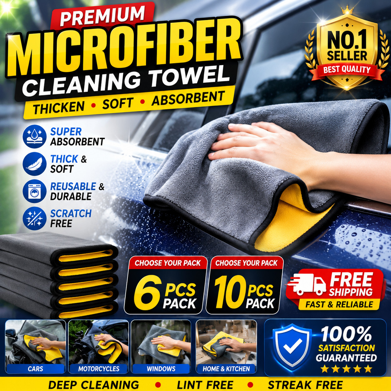 Microfiber Cleaning Towels 6/10PCS Soft Thick Car Wash Drying Cloth Auto Detail
