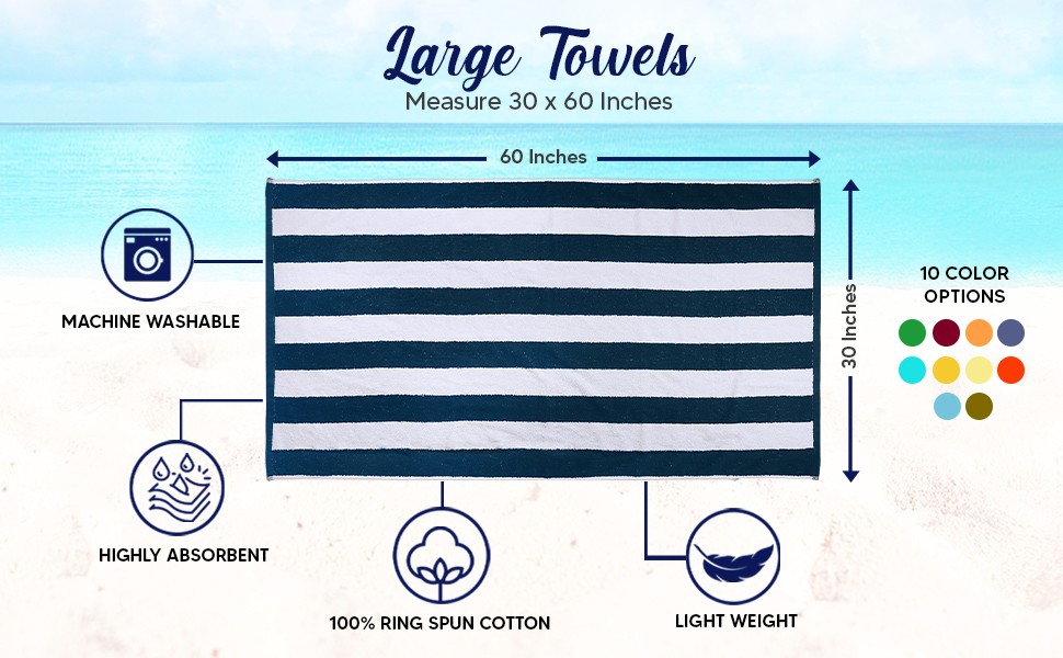 Pack of 4 Cabana Beach Towels, Oversized 30 x 60 Inches Cotton Beach Towel Set,