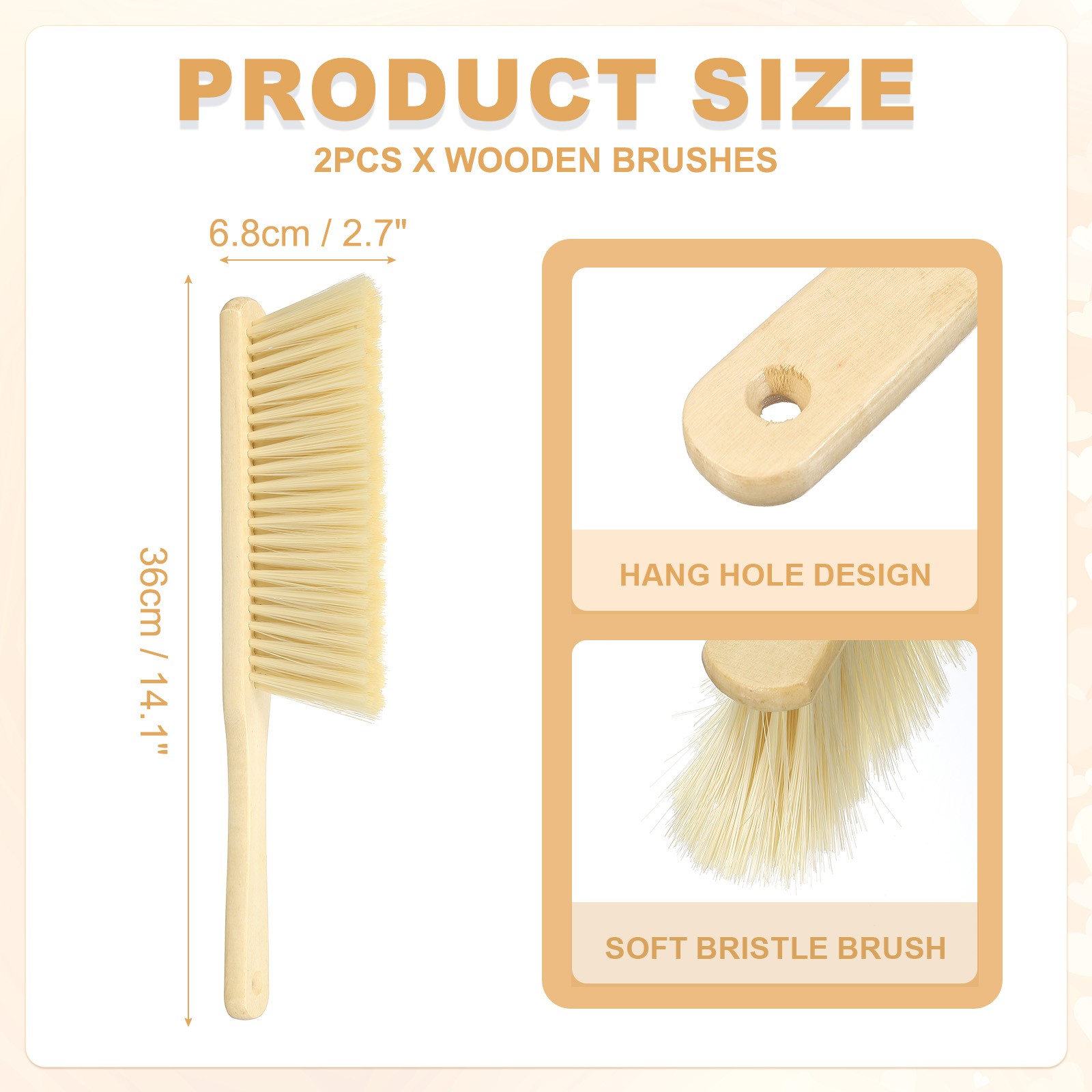 2pcs Wooden Dust Brush 14 Inch Hand Broom Cleaning Brush Soft Bristle Yellow