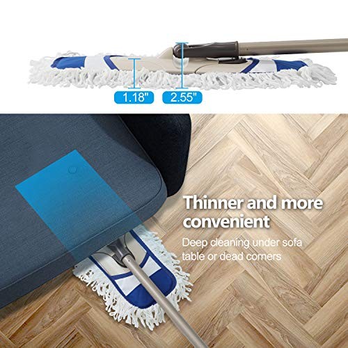 Dust Mop with 2 Reusable Washable Pads – One Touch Replacement, Height Blue