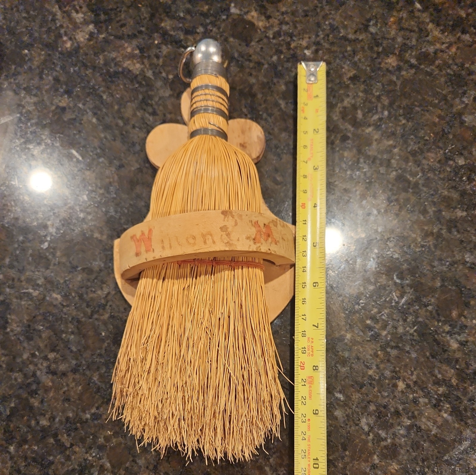 Vintage Straw Whisk Broom with Metal Handle and Wood Hanger, 10” Tall
