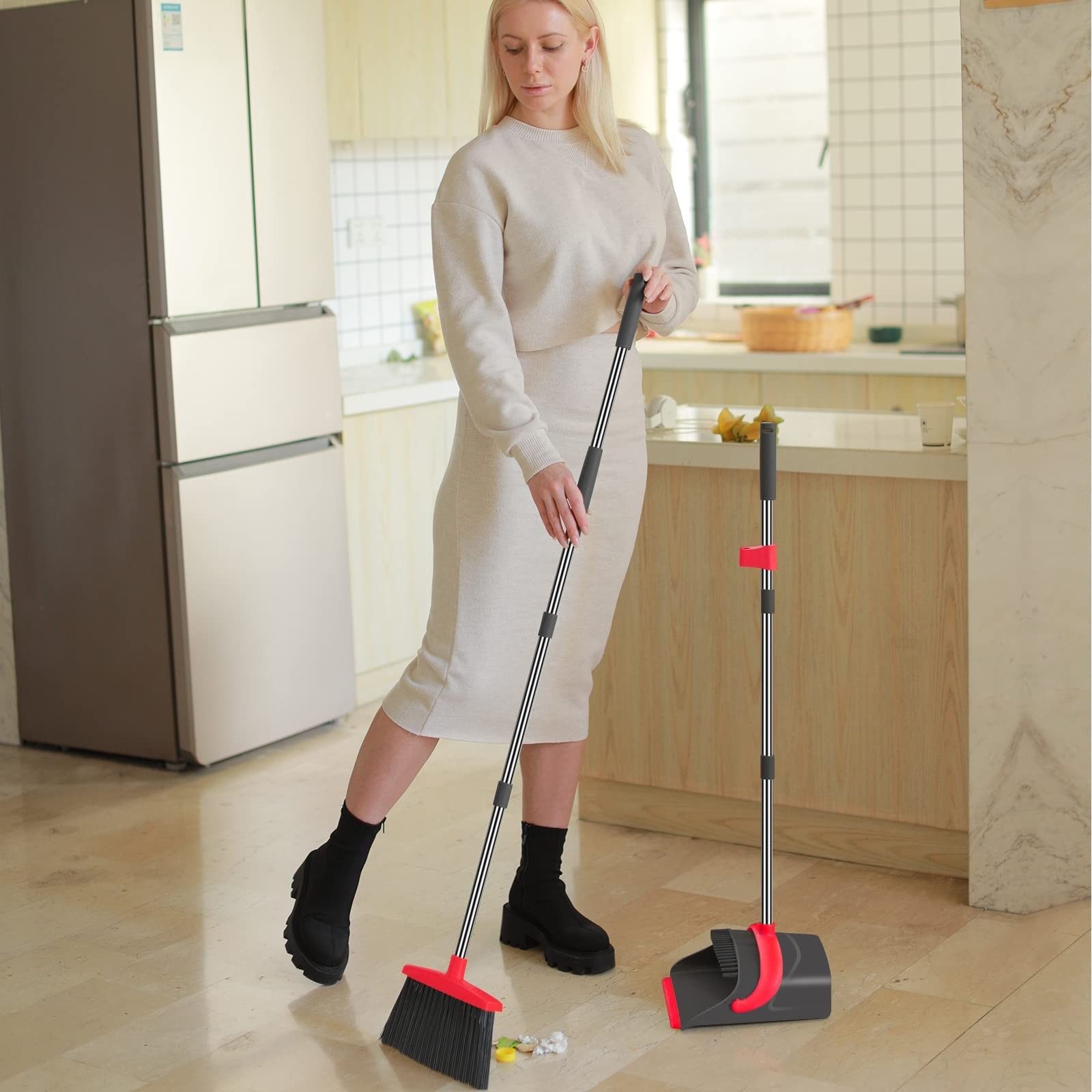 Broom and Dustpan Set with Long Handle – Combo for Home, Kitchen, Office, Lobby
