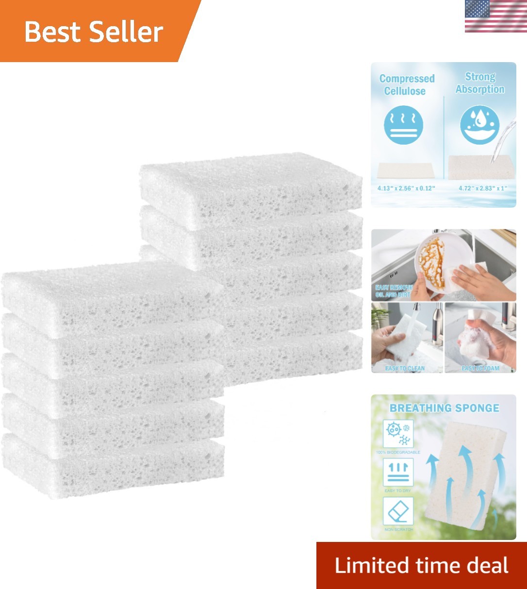 White Sponges Kitchen 10 Pack Natural Compressed Cellulose Sponges for Dishes…