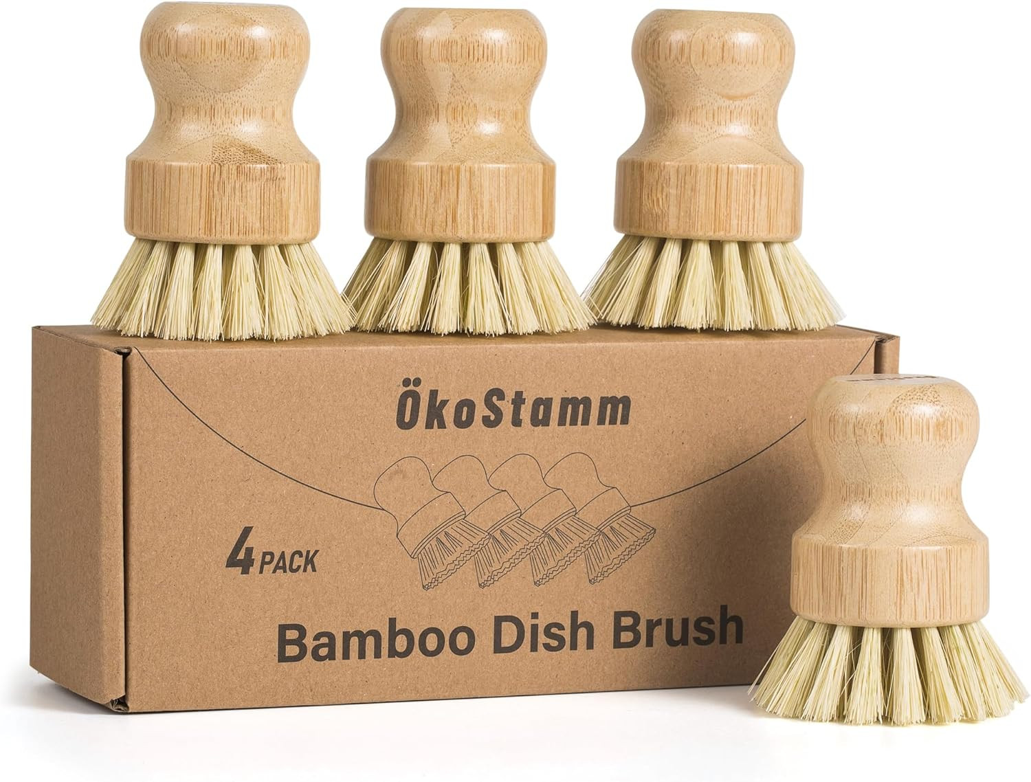 4 Pack Bamboo Dish Brush Natural Sisal Scrub Brush for Dishes Pots Pans Cookware