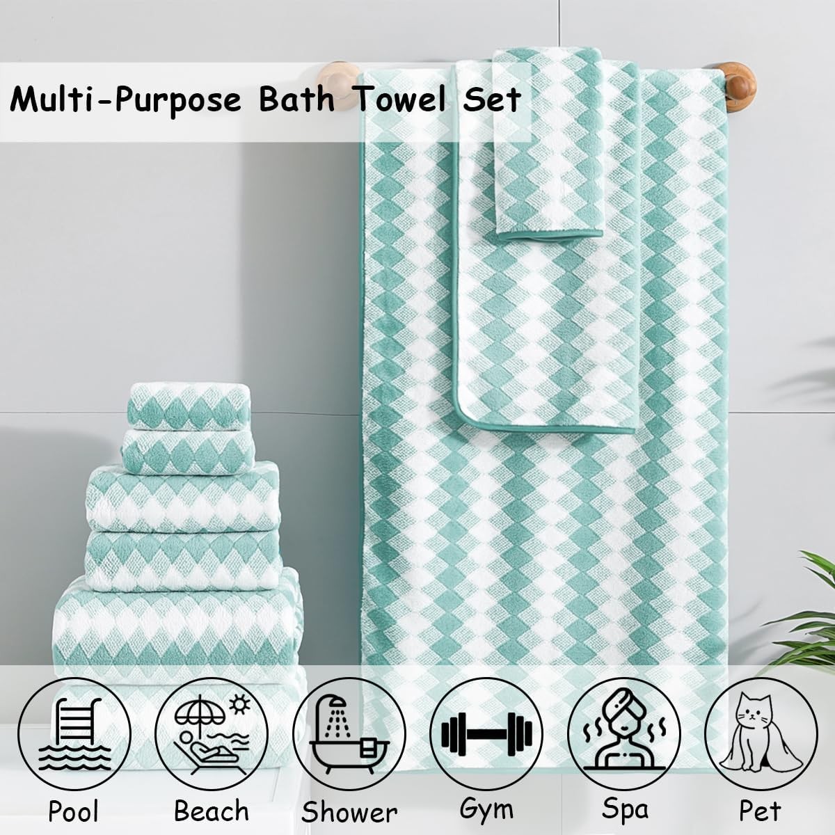 12 Pcs Turquoise Diamond Towel Set-4 Bath Towels,4 Hand Towels,4 Washcloths Soft