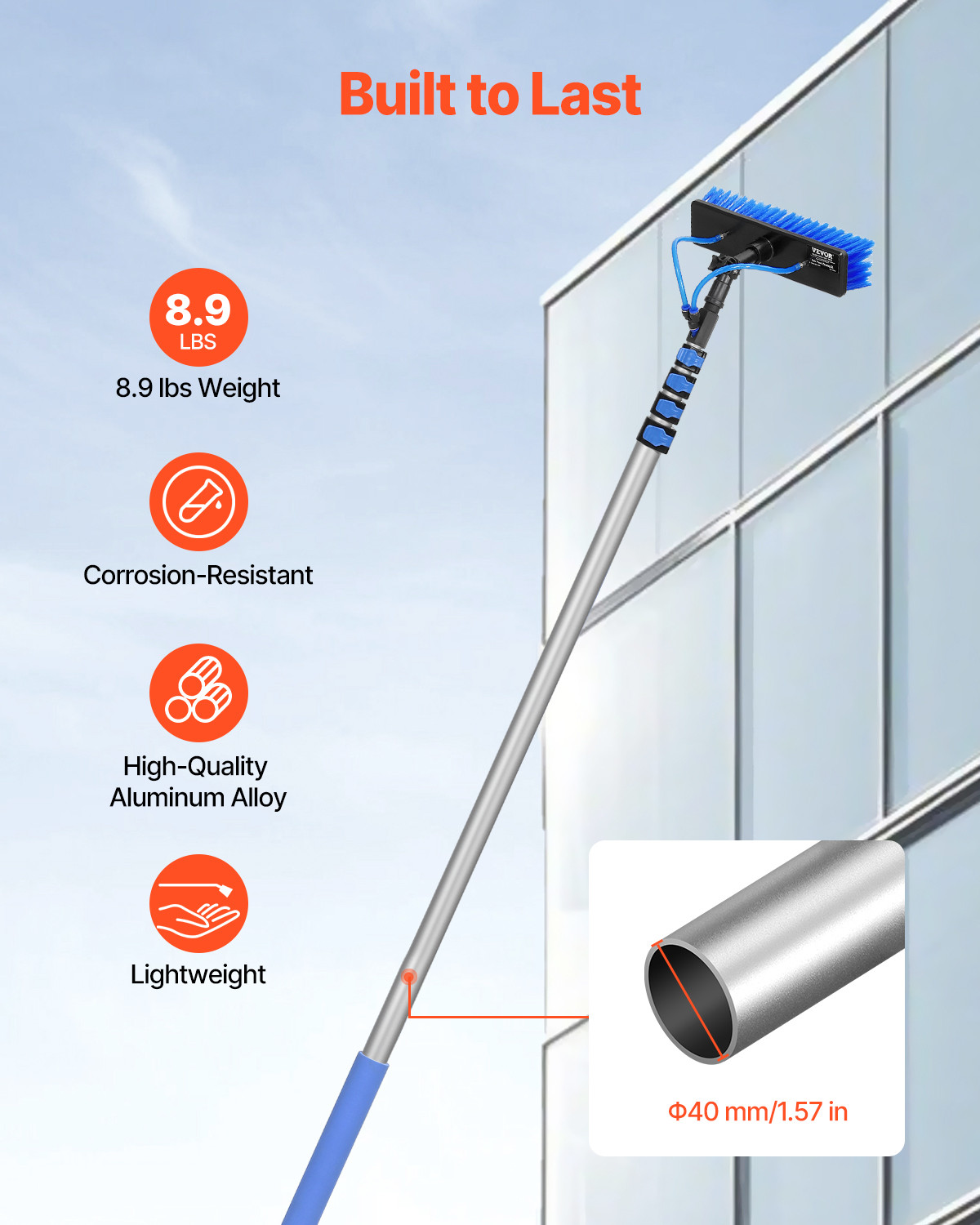 Water Fed Pole Kit 30FT Solar Panel Cleaning Pole 180° Rotatable Brush Head