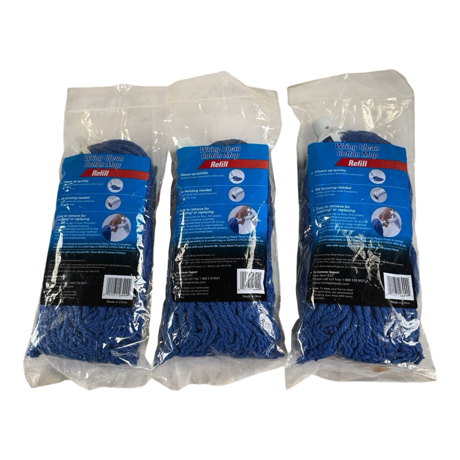 3 Mr. Clean Wring Clean Mop Head Refills Cotton Blue 446999 NEW