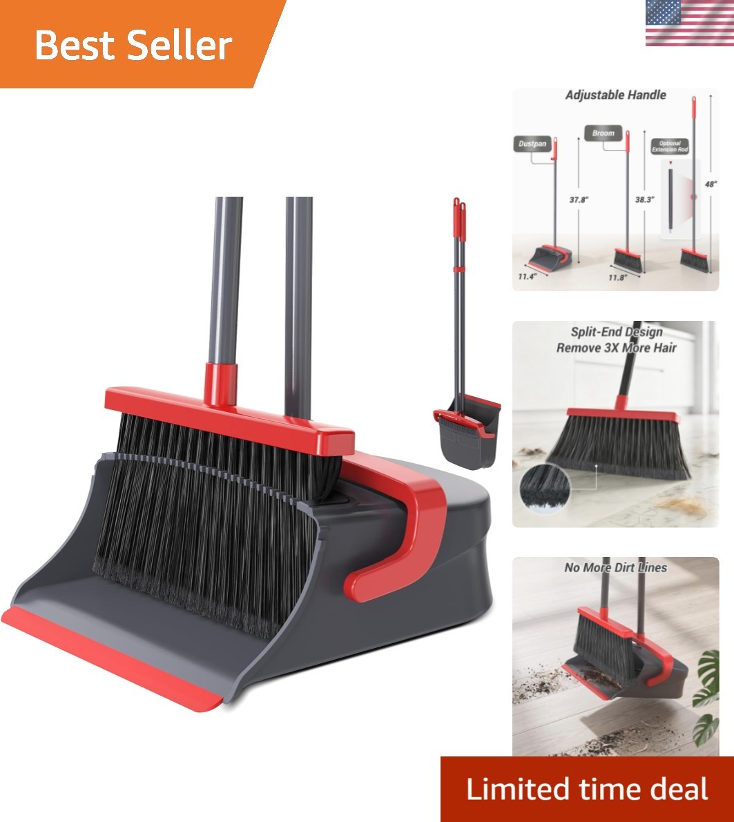 Broom with Dustpan Combo Set, Long Handle Upright Standing Self-Cleaning Broo…