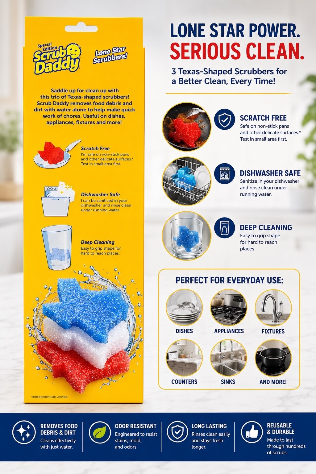 Scrub Daddy Special Texas Edition, Red, White & Blue Scrubbers, 3-Pack TX Shape