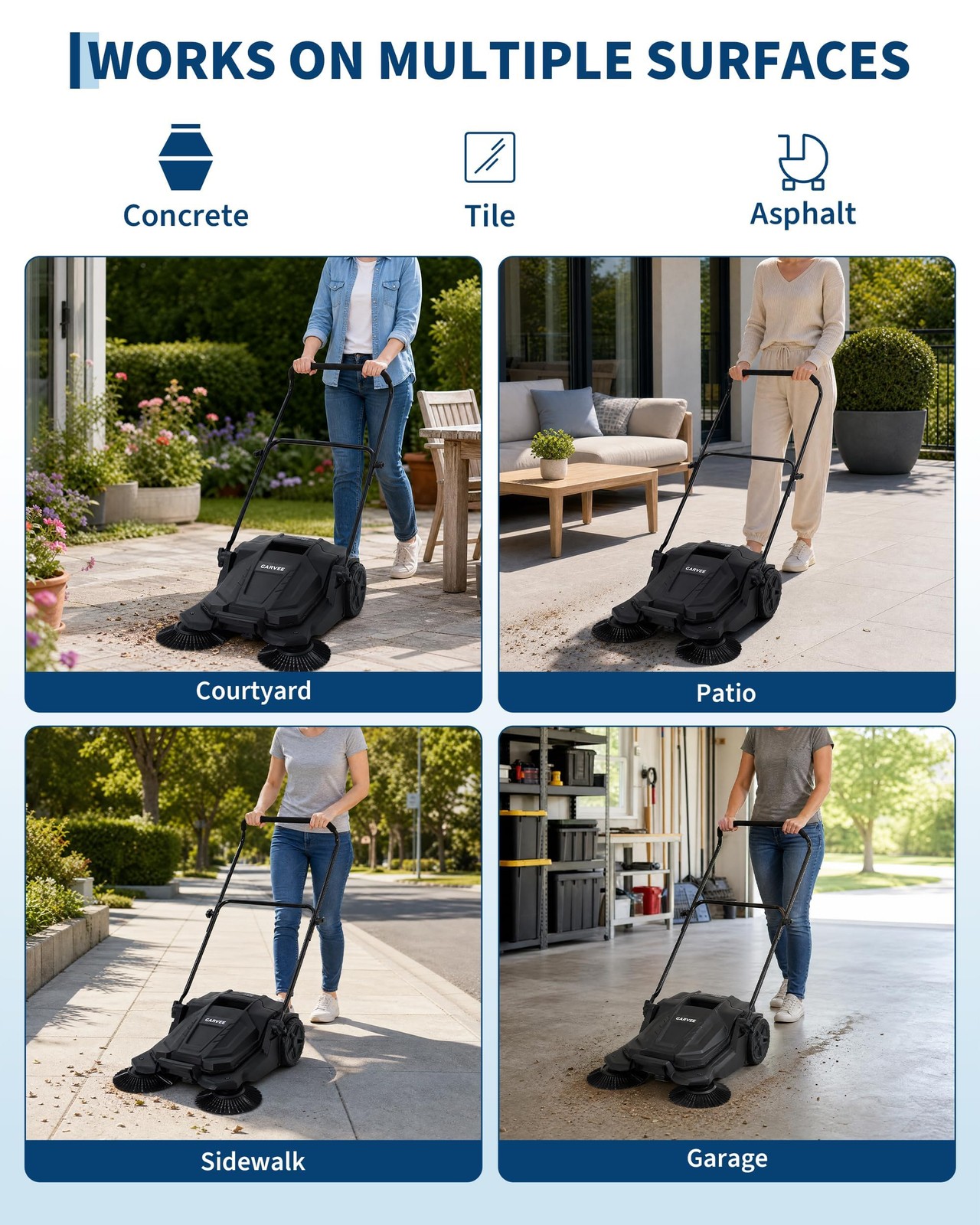 25.6″ Width Manual Sweeper Walk-Behind Hand Push Floor Sweeper Adjustable Handle