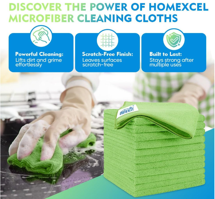 HOMEXCEL Green Microfiber Cleaning Cloth 12 Pack, 12.5 x 12.5 inch Microfiber To
