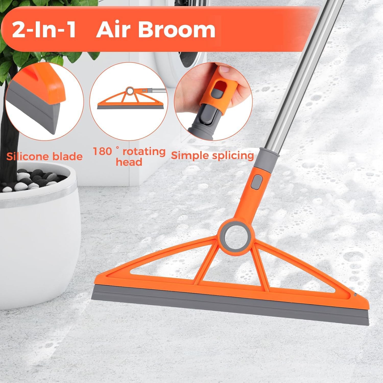 2-In-1 Air Broom, 180Â° Rotating 54 Inch Adjustable Silicone Rubber Broom Inc…