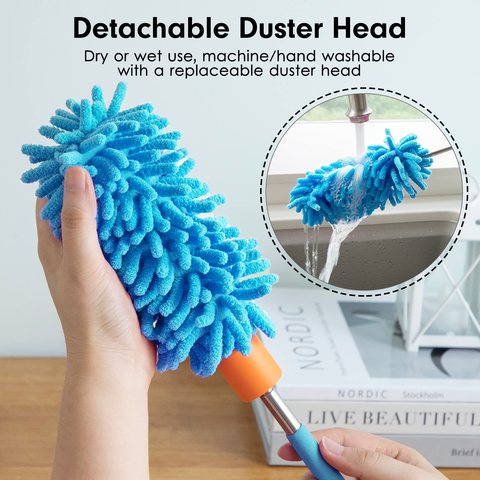 Microfiber Duster for Cleaning, Tukuos Hand Washable 2 Attachments, Blue