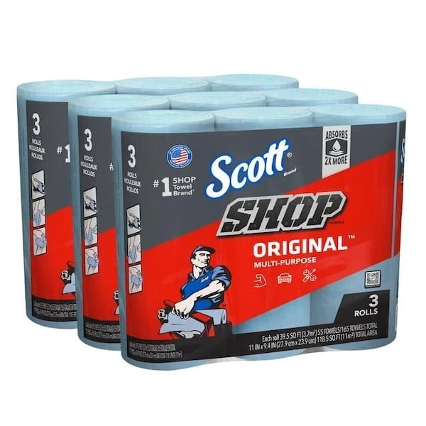 Blue Shop Towel Cleaning Wipes 3-Pack , Bundle of 9 Rolls