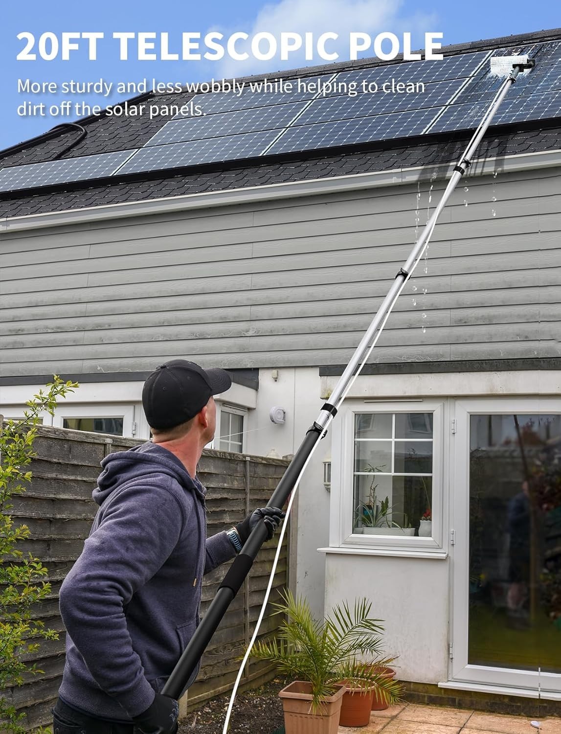 Solar Panel Cleaning Brush and Pole, 20FT Electric Cleaning Roller Brush with Te