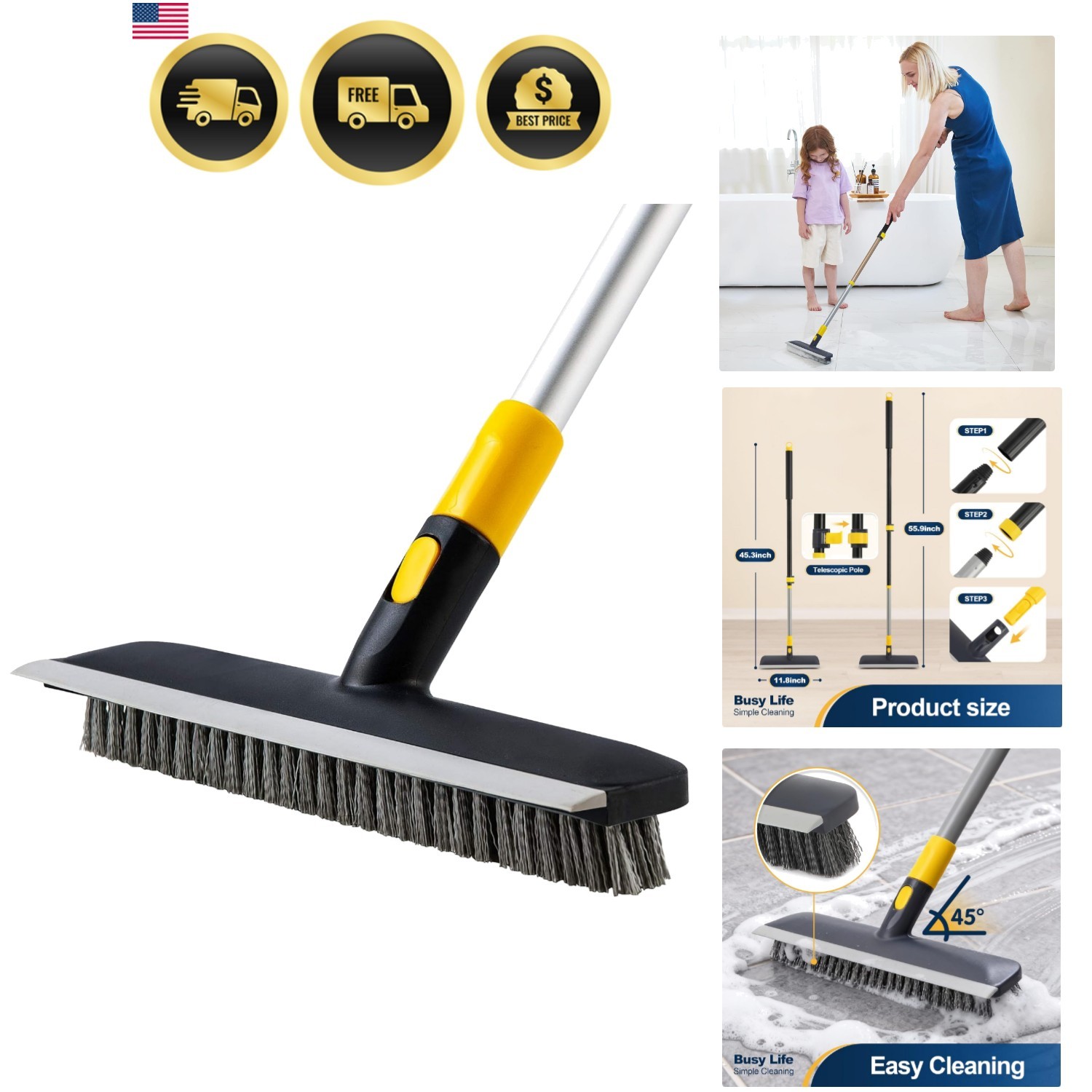 Floor Scrub Brush Telescopic Handle 2 in 1 Scrape Brush Stiff Bristle Shower …