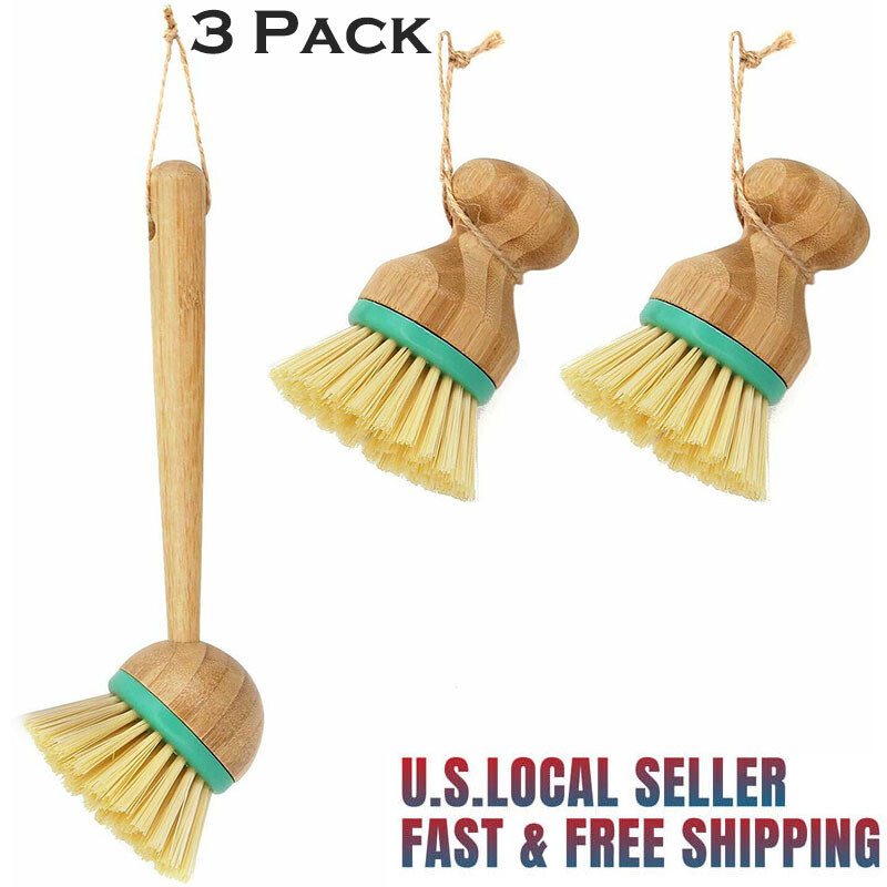 3 Piece Bamboo Dish Scrub Kitchen Cleaning Brush Scrubber Household Bathroom Use