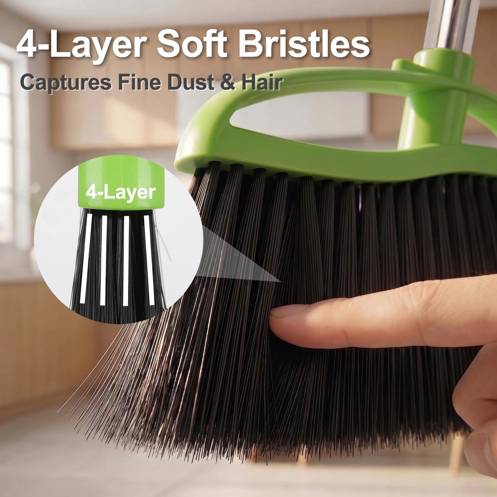 Soft Bristle Indoor Broom, Angle Kitchen Broom for Hardwood Floor Cleaning