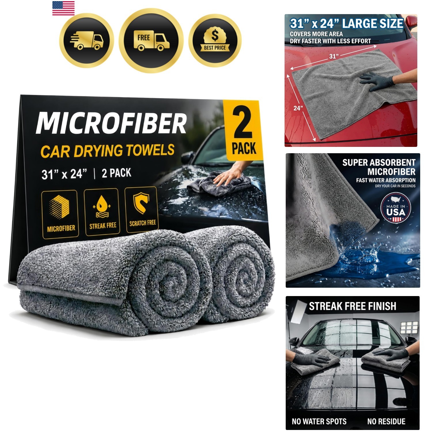 2 Pack Professional Large Microfiber Car Drying Towels 31″ x 24″, Microfiber …