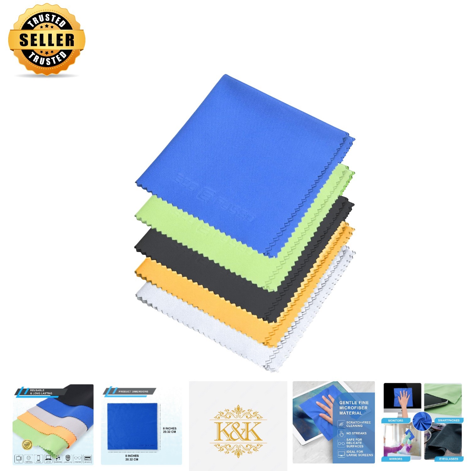 Durable 8×8 Microfiber Cleaning Cloths – 5 Pack Eyeglass and Lens Wipes