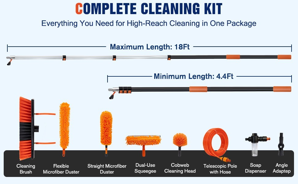 Water Fed Pole Window Cleaning System, Solar Panel Kit, 180° Brush & Soap Dispen