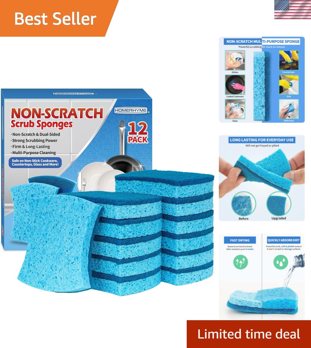 Non-Scratch Cellulose Scrub Sponges 12 Pack, Sponges Kitchen with Double-Side…