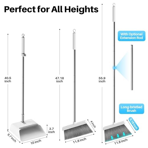 White Broom and Dustpan Set, Upright Angle Design with Built-in 1 White & Grey
