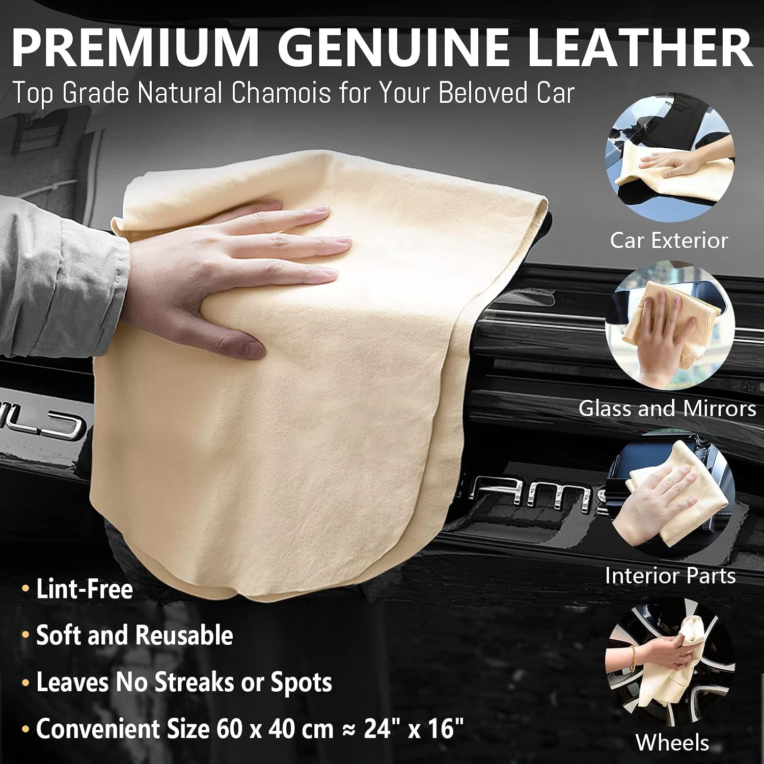 Chamois Cloth for Car 2 Pack Shammy Towel 24” x 16” (2.58 sq ft Each) Super Ab