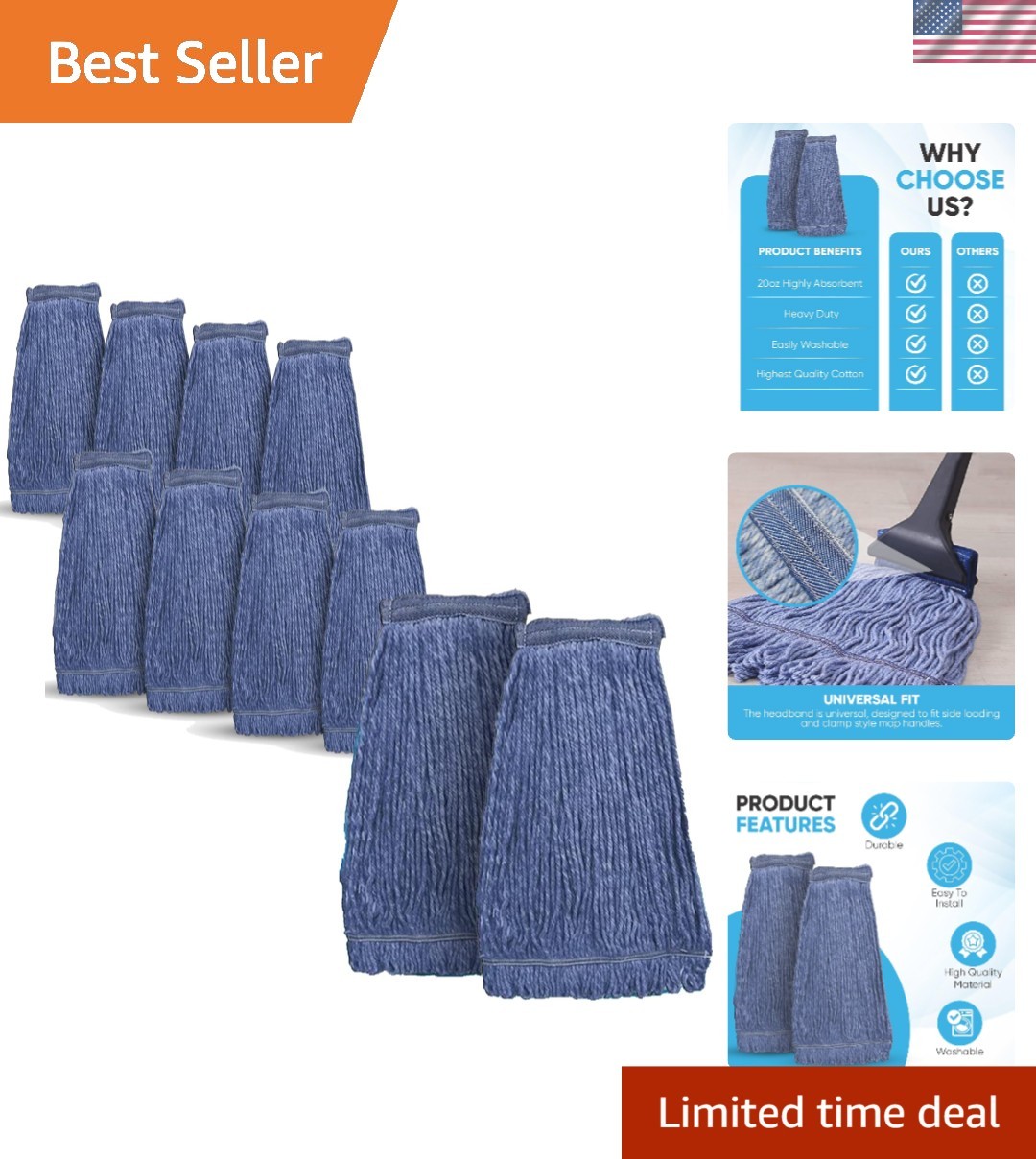 10 Pack Blue Cotton Mop Heads, 20oz Heavy Duty for Industrial Cleaning