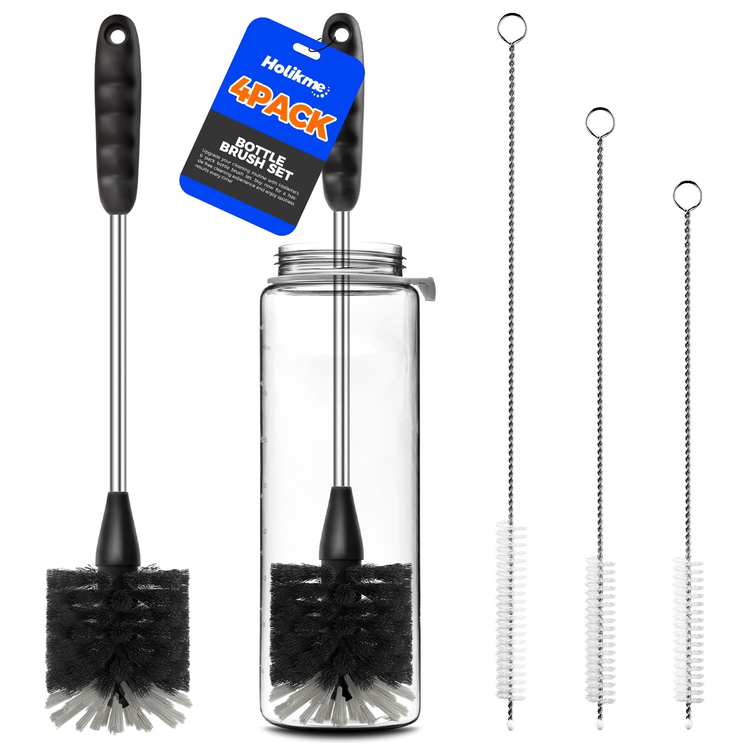 Holikme Bottle Brush Cleaner Set, 14″ Long Handle Stainless 4Pack, Black