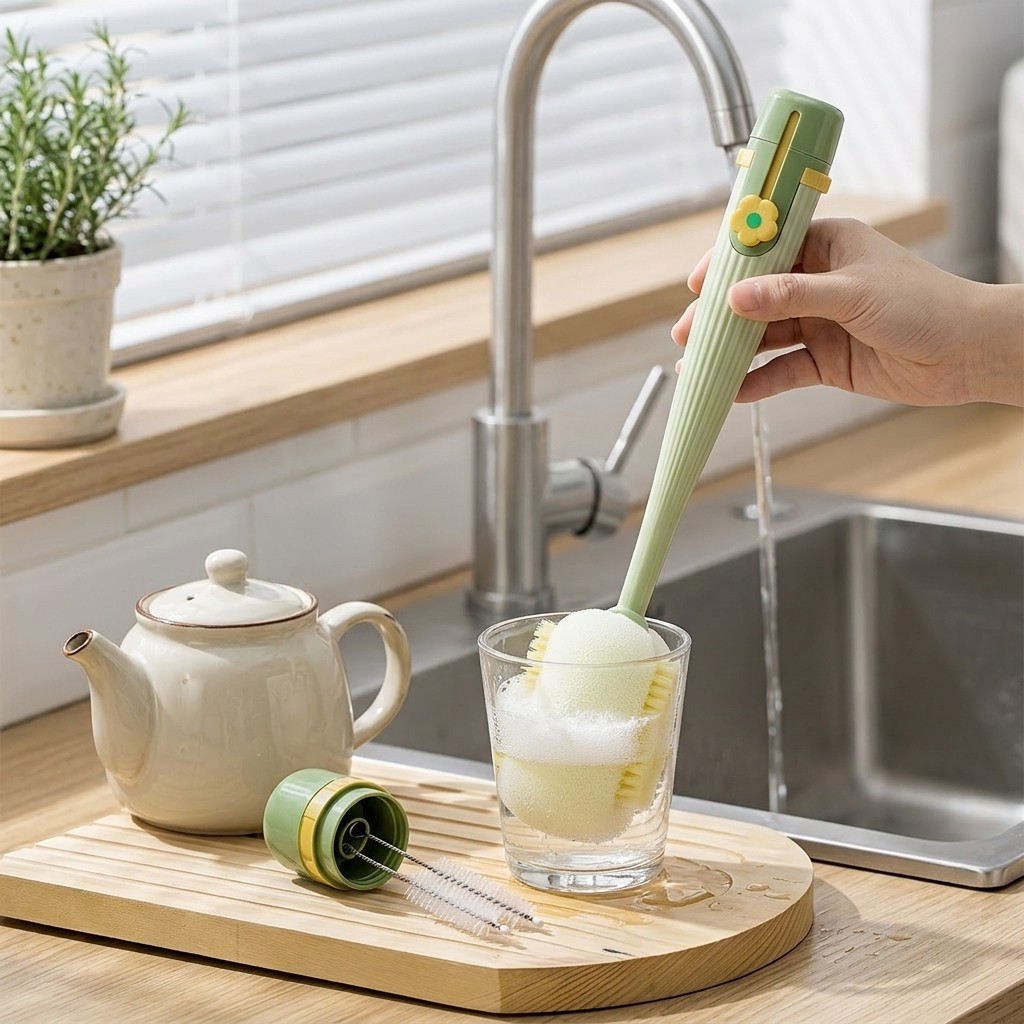 Flower Button Handle Bottle Brush 5 in 1 Flexible Sponge and Bristle Cleaner