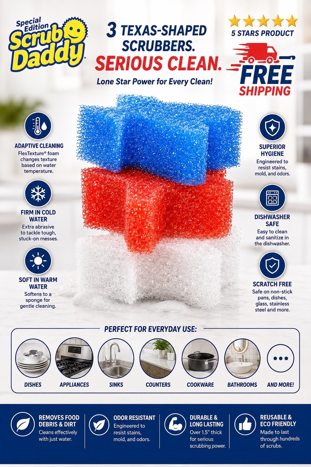 Scrub Daddy Special Texas Edition, Red, White & Blue Scrubbers, 3-Pack TX Shape